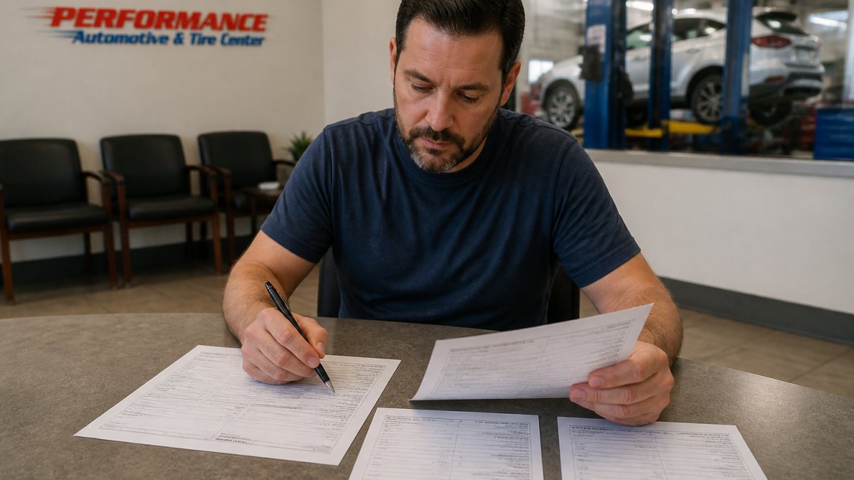 Vehicle owner sitting at a desk with printed repair estimates from multiple shops, reviewing documents with a pen in hand, comparing costs and line items