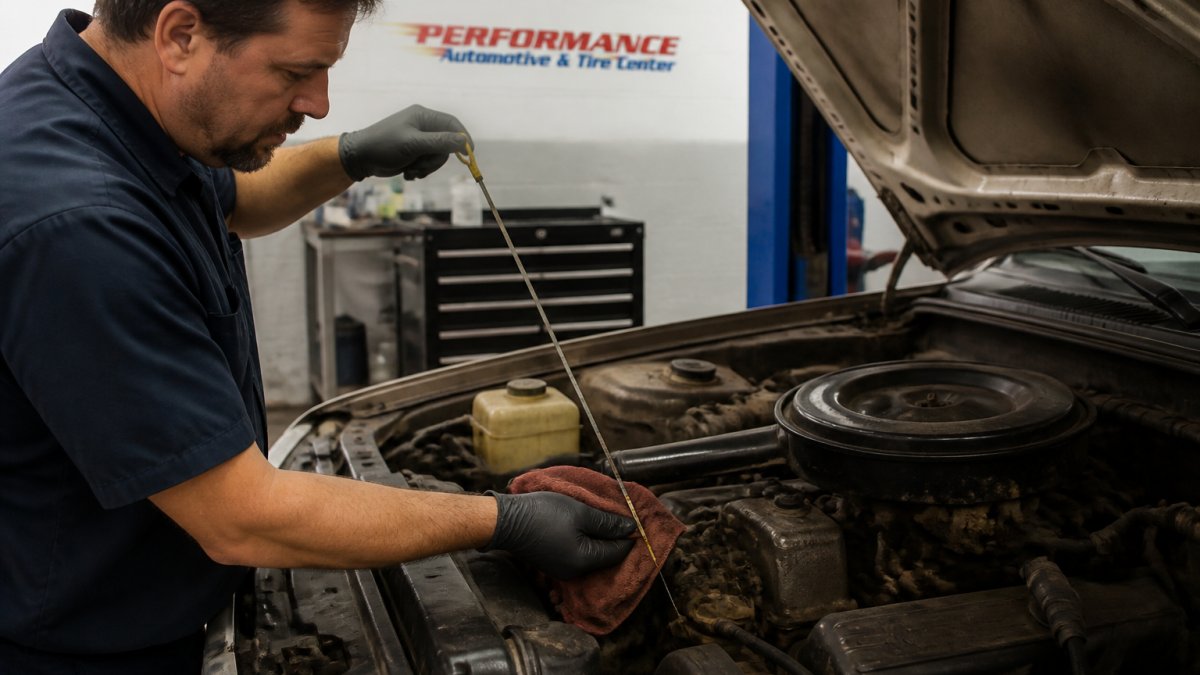 Professional mechanic's hands checking older car's engine oil level with dipstick, engine bay visible in natural daylight, organized garage setting