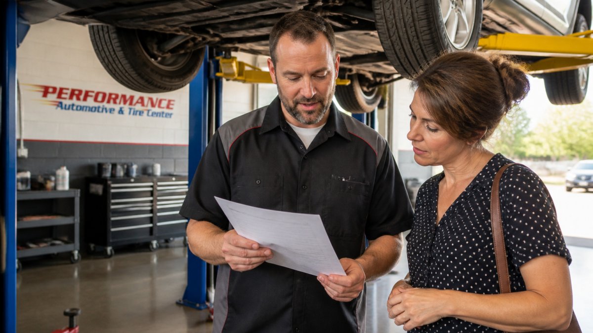 An ASE-certified technician at a family-owned auto repair shop showing a customer a printed estimate next to a vehicle raised on a lift, natural daylight through open bay doors