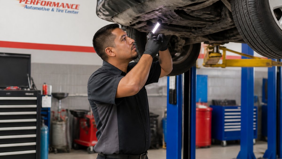 An ASE-certified automotive technician in a clean, well-lit Mesa repair shop inspecting a vehicle raised on a lift, diagnostic equipment visible in the background