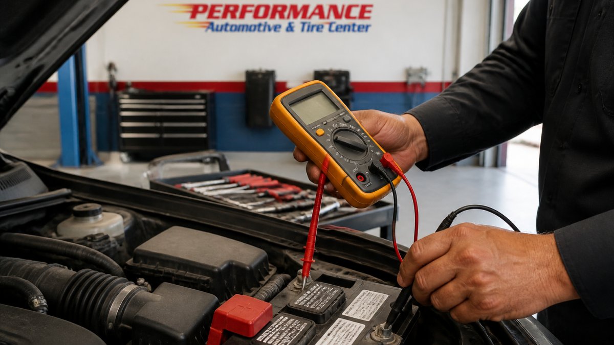 Close-up of a technician's hands holding a digital multimeter with red and black probes touching the terminals of a car battery under an open hood in a clean auto repair shop