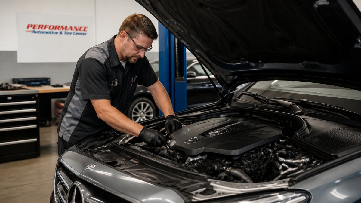 ASE-certified technician in professional uniform working on a luxury car engine in a well-equipped repair shop with diagnostic equipment visible
