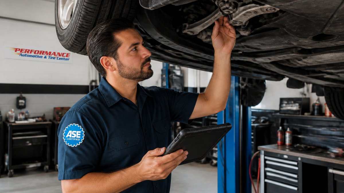 ASE-certified technician using a diagnostic tablet for reliable auto repair in a modern, well-lit service bay.
